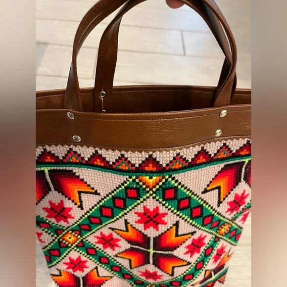 Colorful Geometric Cross-stitch Aztec Patterned Tote Bag with Brown Accents - Picture 4 of 14